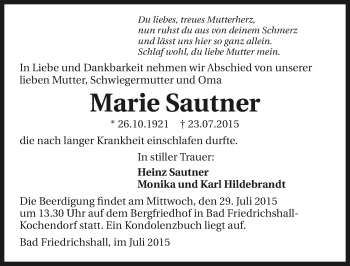 Traueranzeige von Marie Sautner 