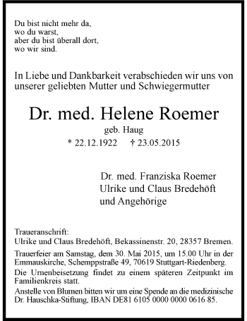 Traueranzeige von Helene Roemer 