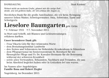 Traueranzeige von Lieselore Baumgarten 