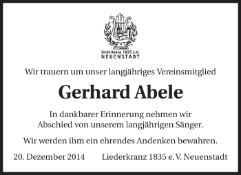 Traueranzeige von Gerhard Abele 