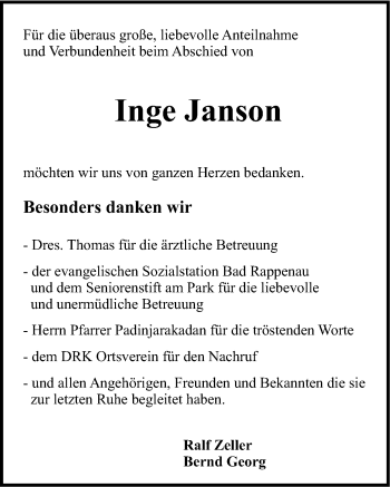 Traueranzeige von Inge Janson 