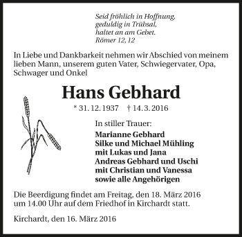 Traueranzeige von Hans Gebhard 