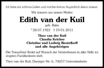 Traueranzeige von Edith van der Kuil 