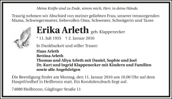 Traueranzeige von Erika Arleth 