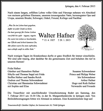 Traueranzeige von Walter Hafner 