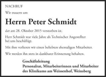 Traueranzeige von Peter Schmidt 