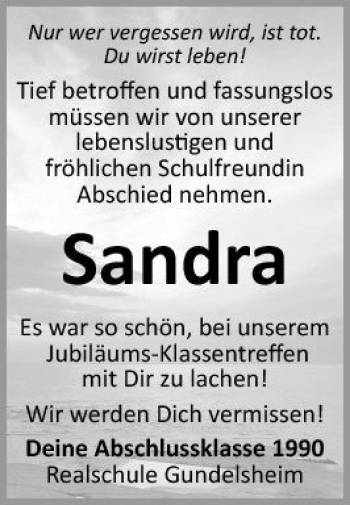 Traueranzeige von Sandra Sandra 