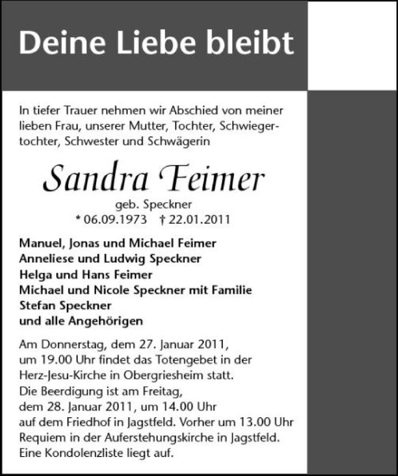  Traueranzeige für Sandra Feimer vom 26.01.2011 aus 