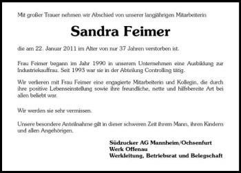 Traueranzeige von Sandra Feimer 