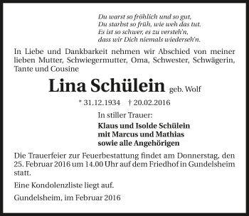 Traueranzeige von Lina Schülein 