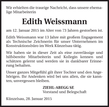 Traueranzeige von Edith Weissmann 