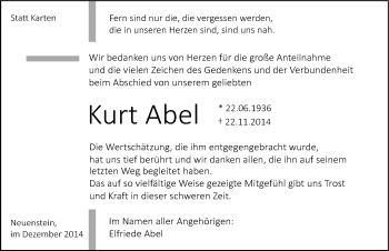 Traueranzeige von Kurt Abel 