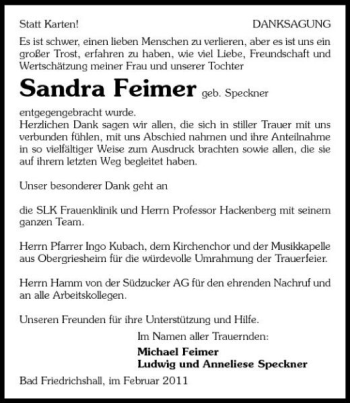 Traueranzeige von Sandra Feimer 