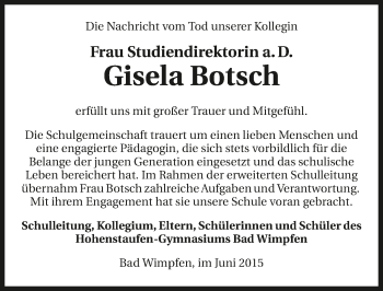 Traueranzeige von Gisela Botsch 