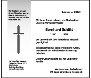 Traueranzeige von Bernhard Schütt 