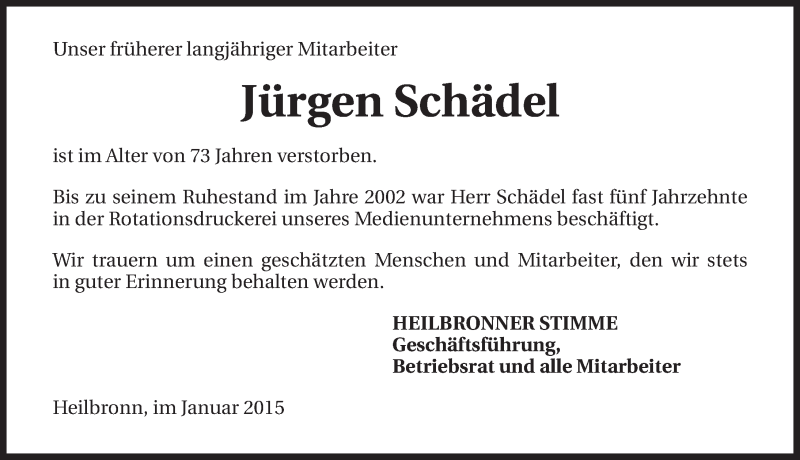  Traueranzeige für Jürgen Schädel vom 30.01.2015 aus 