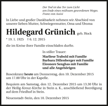 Traueranzeige von Hildegard Grünich 