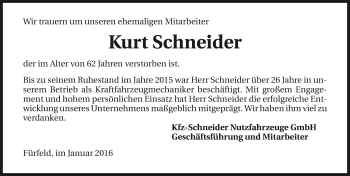 Traueranzeige von Kurt Schneider 