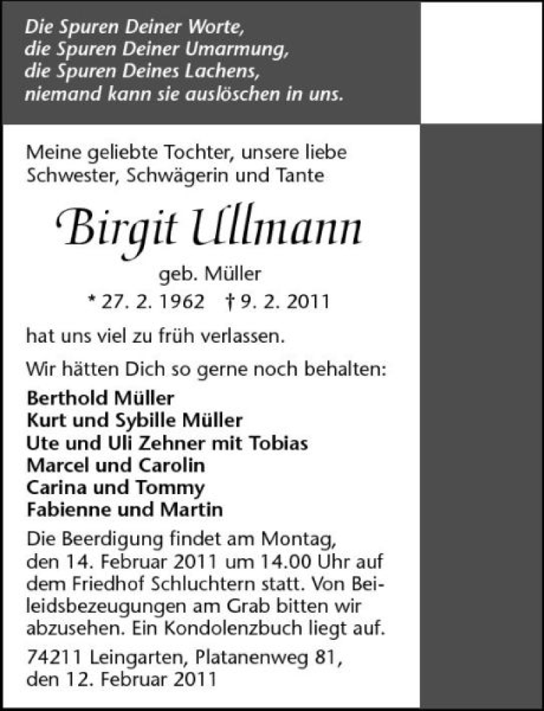  Traueranzeige für Birgit Ullmann vom 12.02.2011 aus 