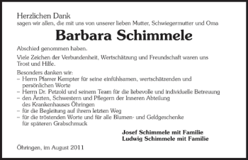 Traueranzeige von Barbara Schimmele 