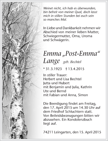 Traueranzeige von Emma Lange 