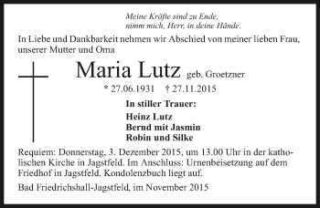 Traueranzeige von Maria Lutz 