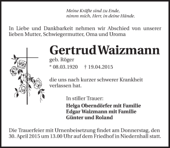 Traueranzeige von Gertrud Waizmann 