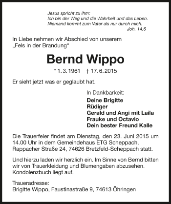 Traueranzeige von Bernd Wippo 