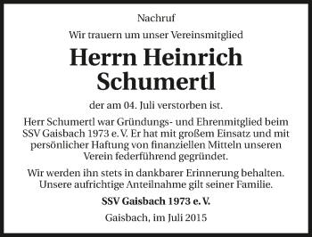 Traueranzeige von Heinrich Schumertl 