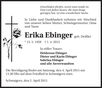 Traueranzeige von Erika Ebinger 