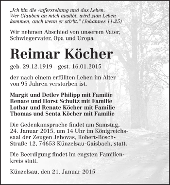 Traueranzeige von Reimar Köcher 