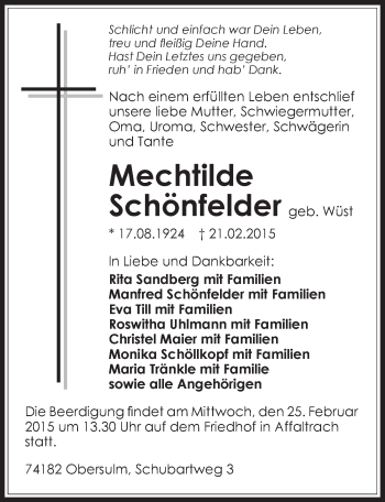 Traueranzeige von Mechthilde Schönfelder 