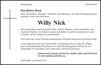 Traueranzeige von Willy Nick 