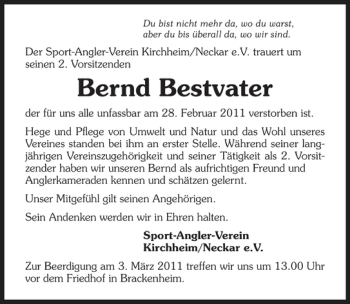 Traueranzeige von Bernd Bestvater 