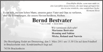 Traueranzeige von Bernd Bestvater 