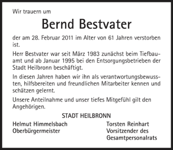 Traueranzeige von Bernd Bestvater 