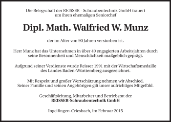 Traueranzeige von Walfried W. Munz 