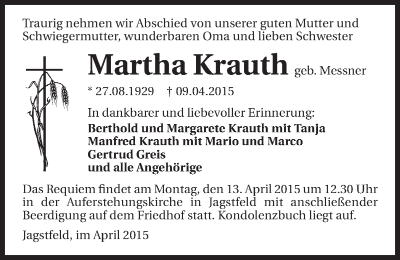  Traueranzeige für Martha Krauth vom 11.04.2015 aus 