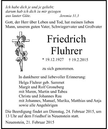 Traueranzeige von Friedrich Fluhrer 