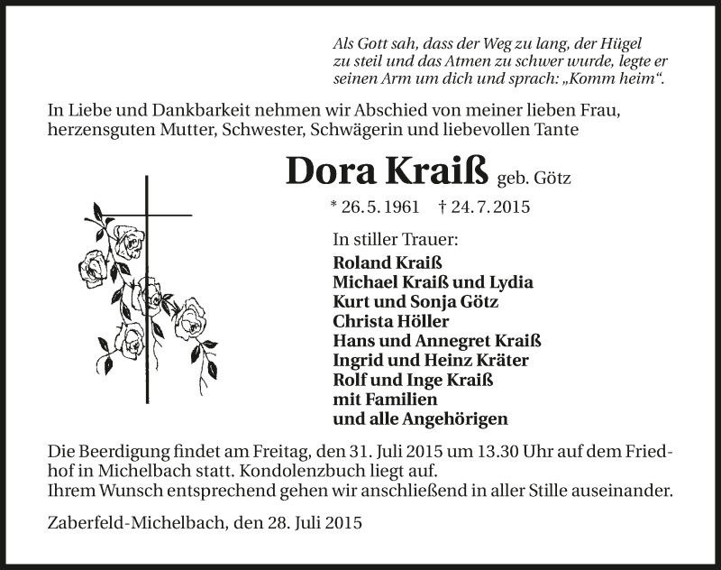  Traueranzeige für Dora Kraiß vom 28.07.2015 aus 