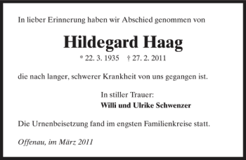 Traueranzeige von Hildegard Haag 