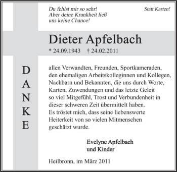 Traueranzeige von Dieter Apfelbach 