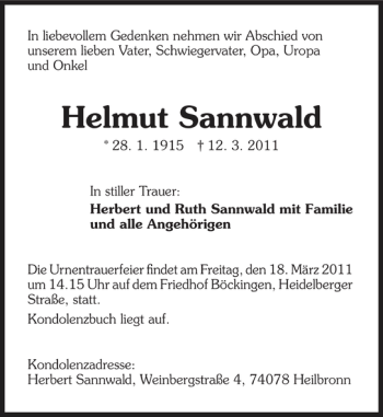 Traueranzeige von Helmut Sannwald 