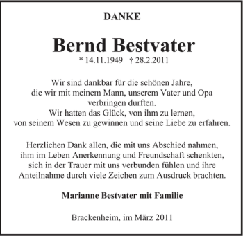 Traueranzeige von Bernd Bestvater 