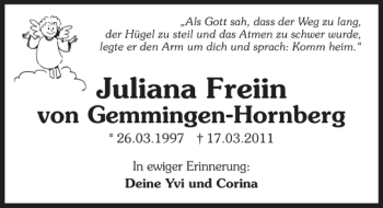 Traueranzeige von Juliana Freiin von Gemmingen-Hornberg 