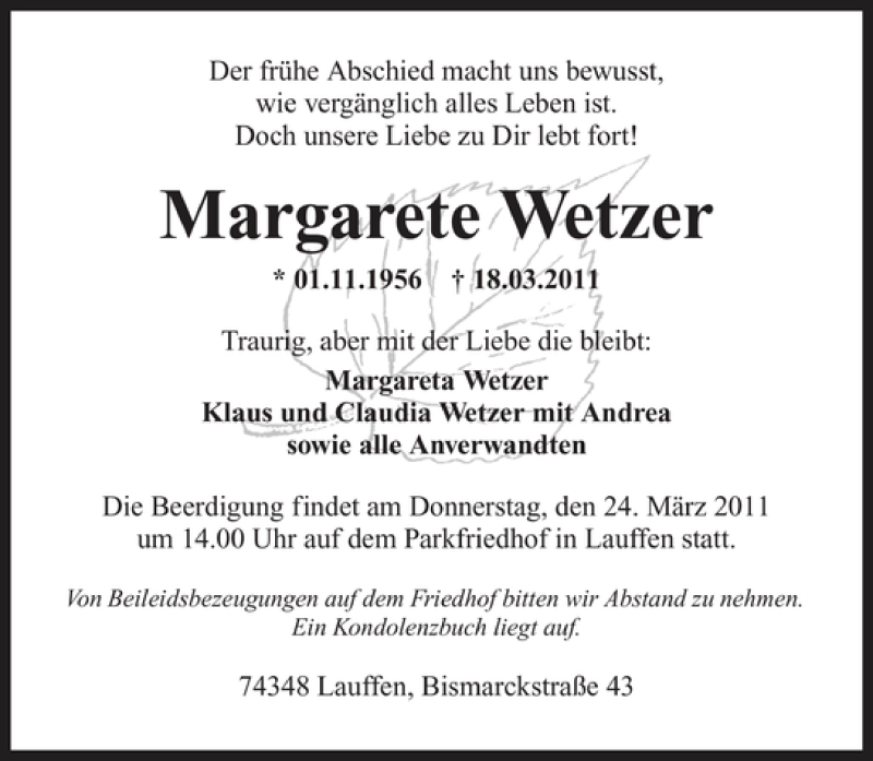  Traueranzeige für Margarete Wetzer vom 19.03.2011 aus 
