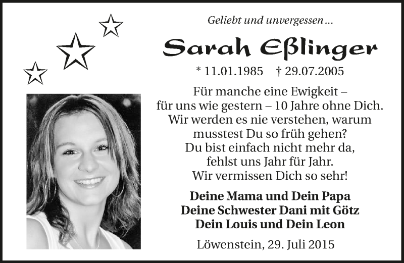  Traueranzeige für Sarah Eßlinger vom 29.07.2015 aus 