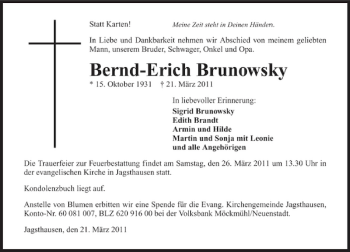 Traueranzeige von Bernd Erich Brunowsky 