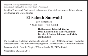 Traueranzeige von Elisabeth Sanwald 