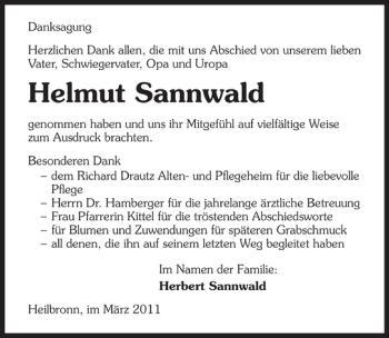 Traueranzeige von Helmut Sannwald 